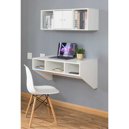 BASICWISE Wall Mounted Office Computer Desk and Floating Hutch Cabinet, White QI003675W.2